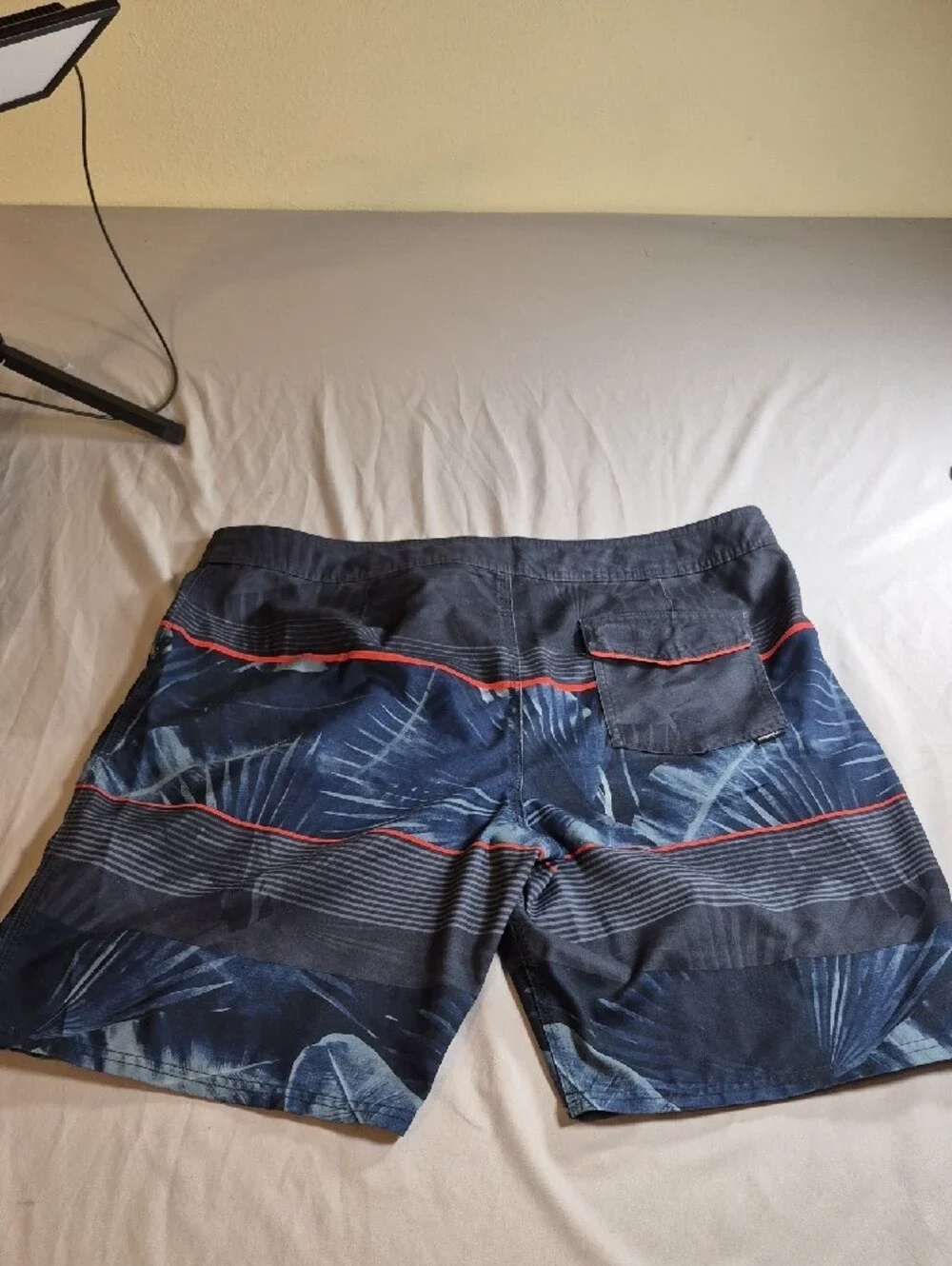 Men's Navy Palm-Print Swim Trunks with Red Accent Size 36